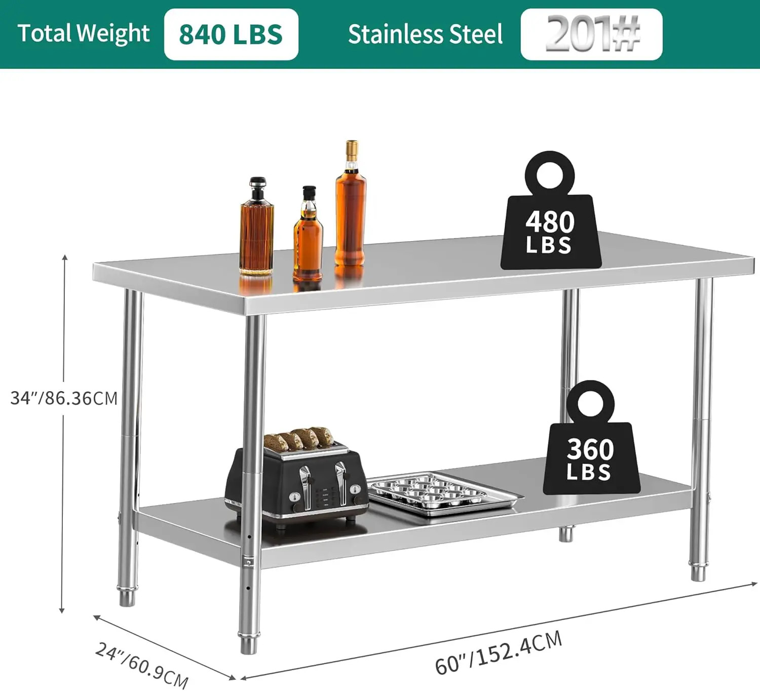 60″ X 24″ Stainless Steel Work Table Heavy Duty Prep Table with Undershelf