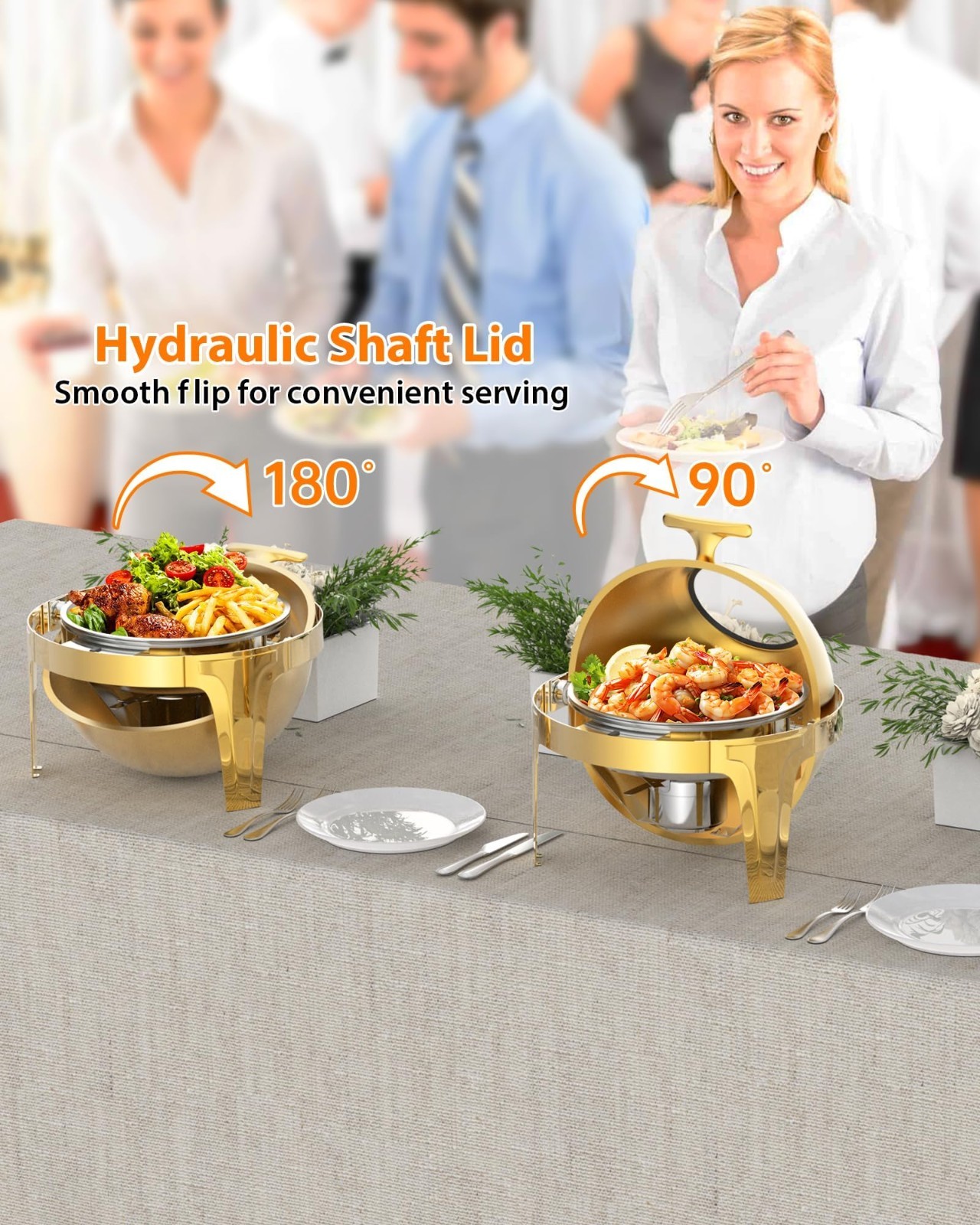 Gold Round Roll-Top Chafing Dish Set Commercial Stainless Steel Buffet Warmer