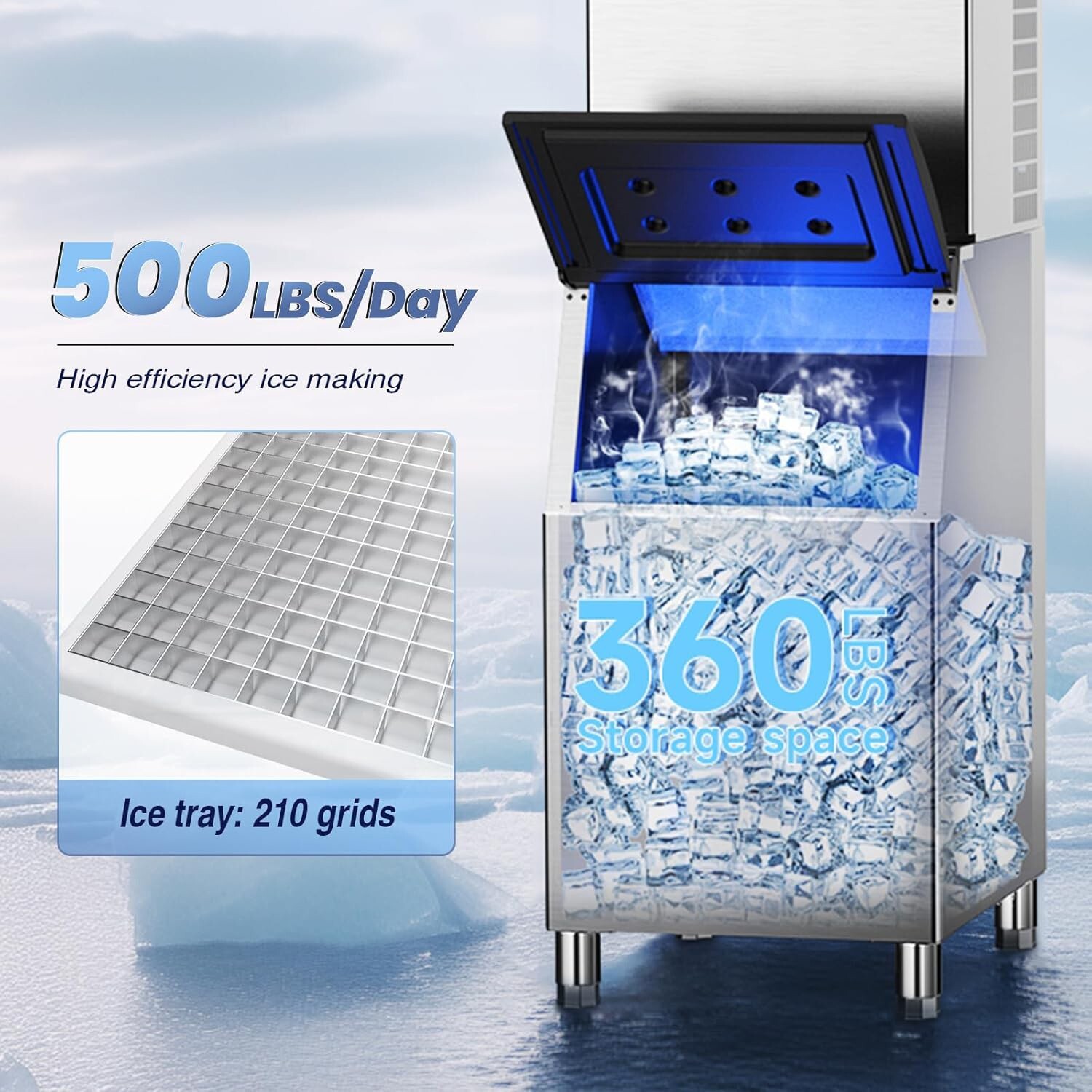 Commercial Ice Maker Machine 500lbs/24H Production, 360lbs Storage,210 Ice Cubes