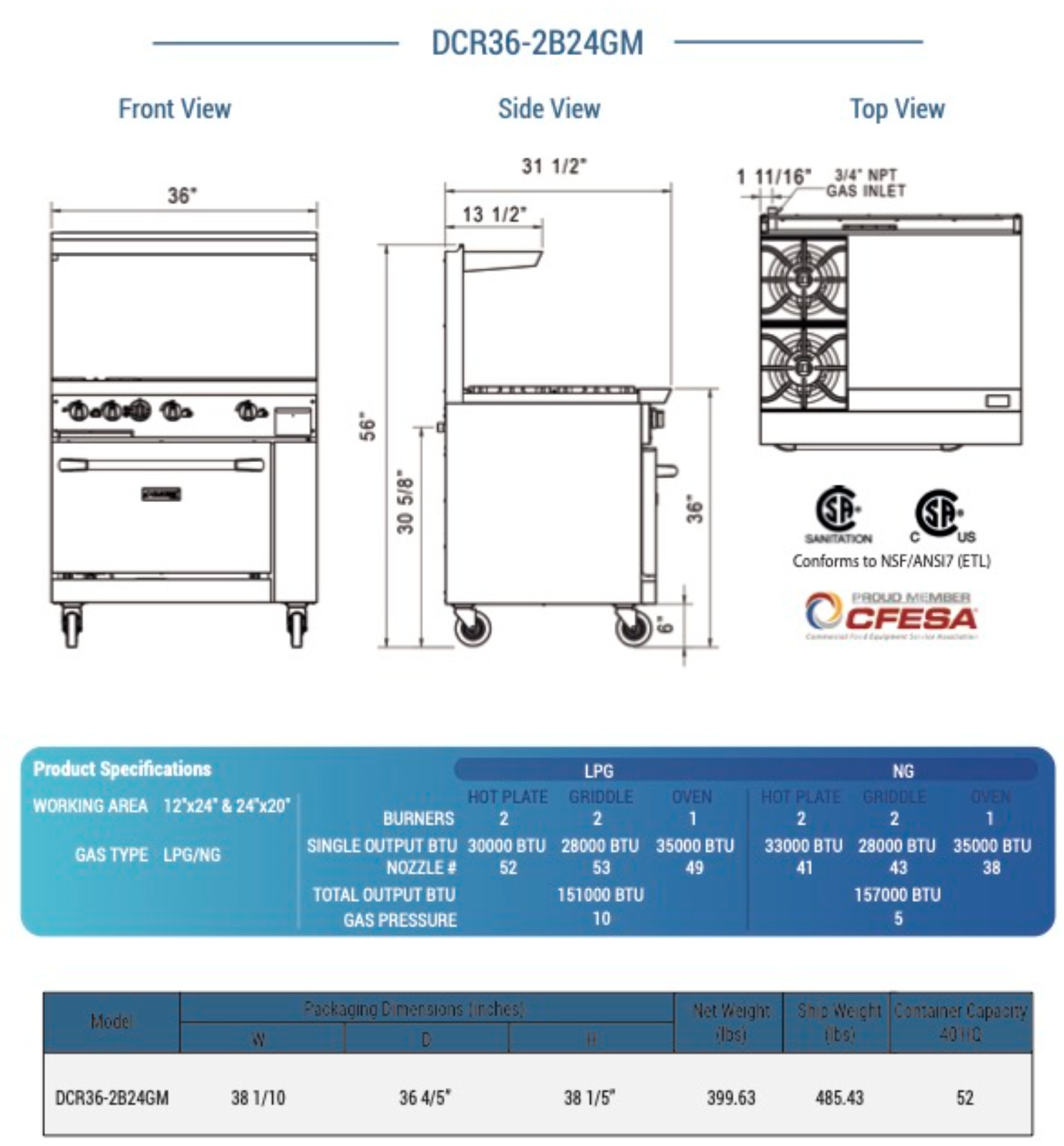 NEW 36″ Range 24″ Griddle 2 Burner Combo Std Oven NG On Wheels Dukers #1335