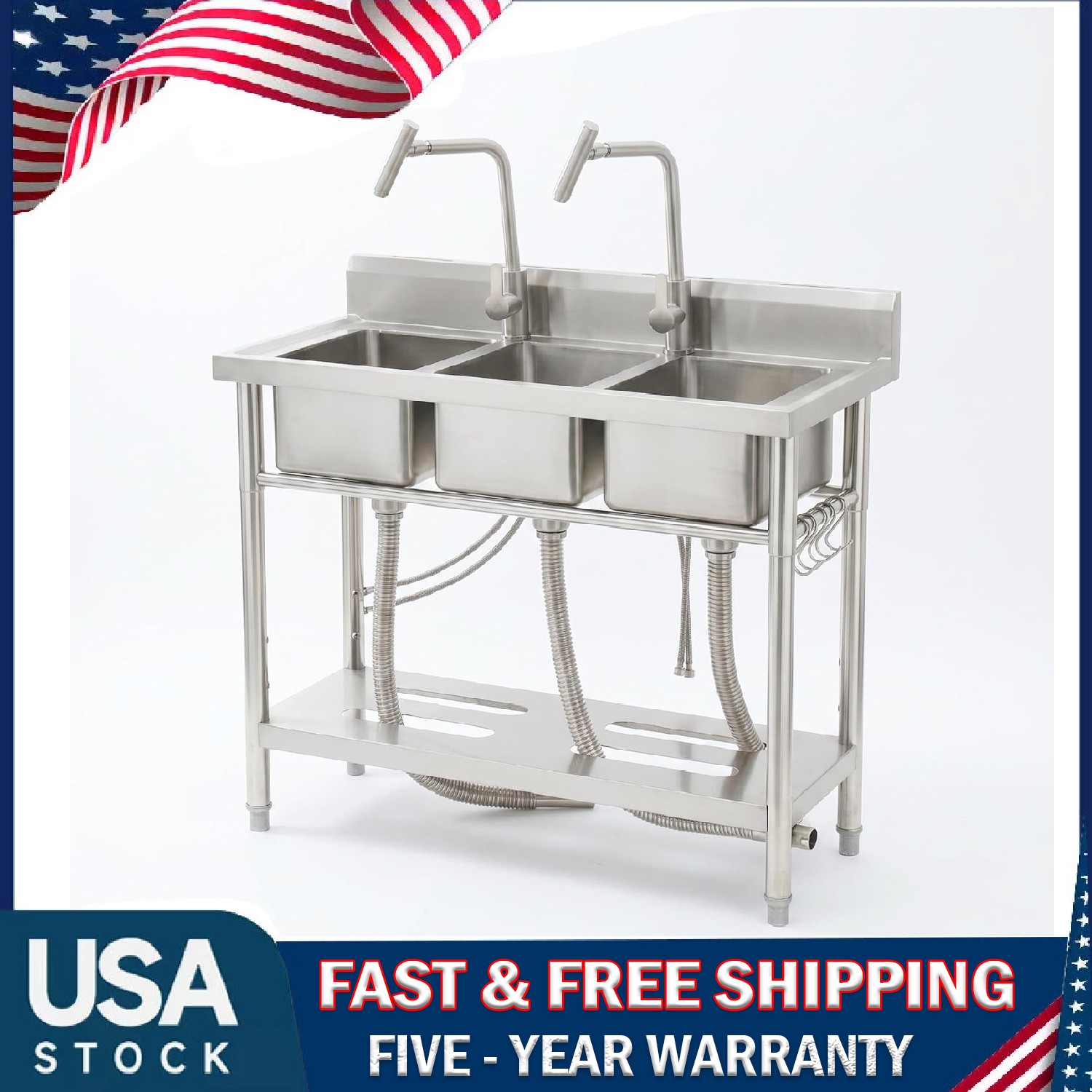 Stainless Steel Kitchen Utility Sink, Freestanding 3-Compartment Sink w/ Faucets
