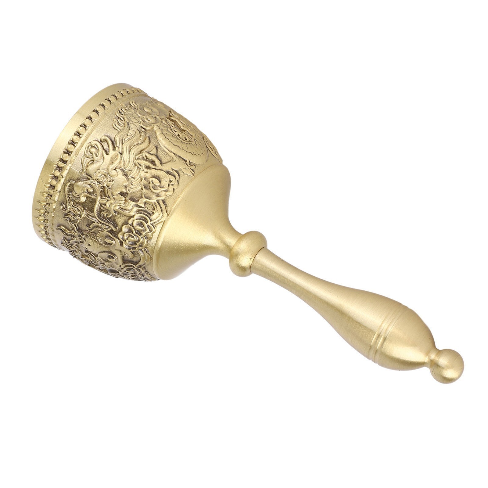 Hand Call Bell 4.7in Long Pure Brass Exquisite Carved Pattern Curved Handle