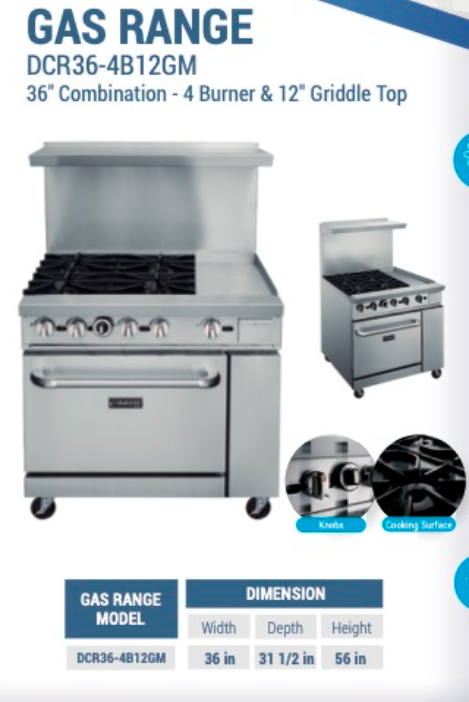 NEW 36″ Range 12″ Griddle 4 Burner Combo Std Oven NG On Wheels Dukers #1336