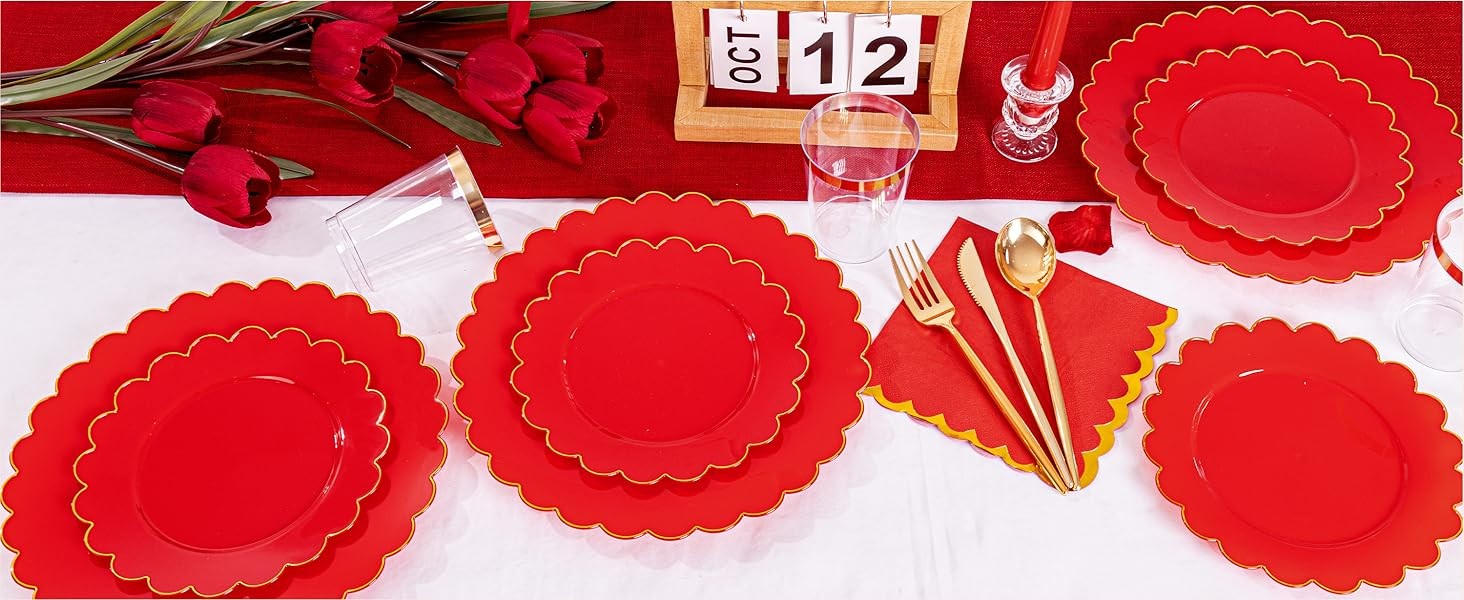 LIYH 210 Pcs Red Plastic Plates – Red Disposable Plates and Napkins Set, Gold