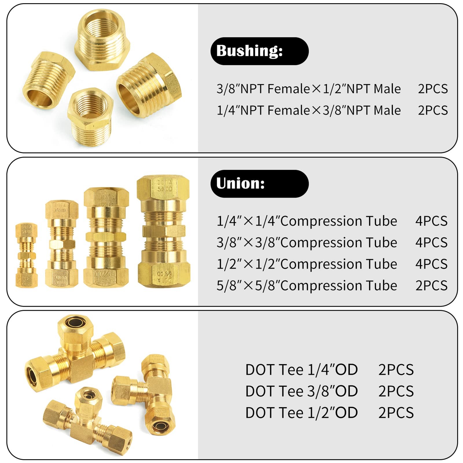 Novino 40 Pcs Brass Dot Air Brake Line Fitting Assortment Kits 1/4 1/8 3/8 1/2