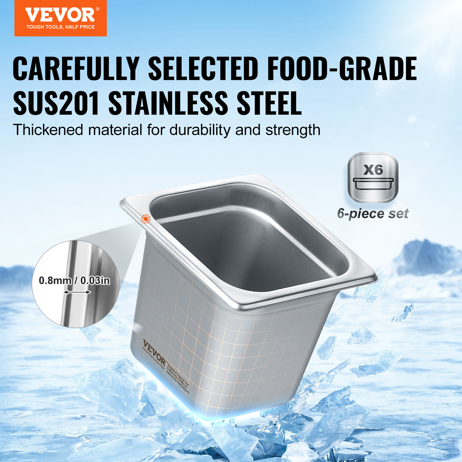 VEVOR 6 Pack 1/6 Size Hotel Pans Steam Table Pan Stainless Steel 6″ Deep
