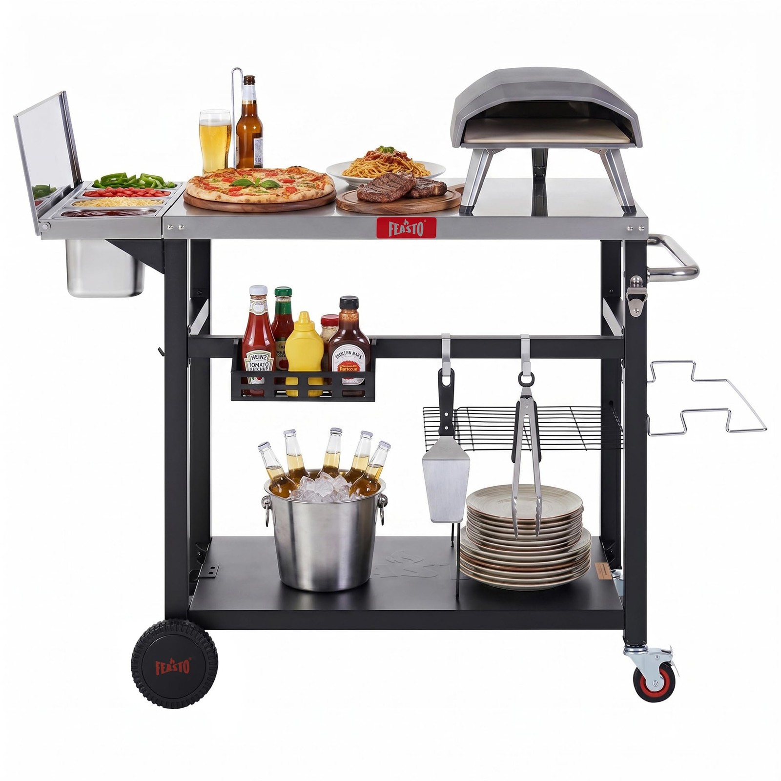 Outdoor Prep Table with One-Piece Integrated Topping Station, Food-Grade Stai…