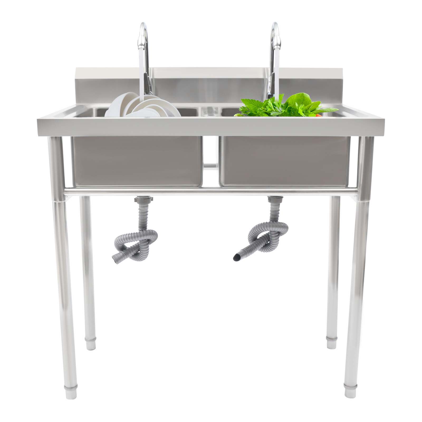 Stainless Steel Commercial 2 Dual Compartment Utility Prep Sink w/ Basins Faucet