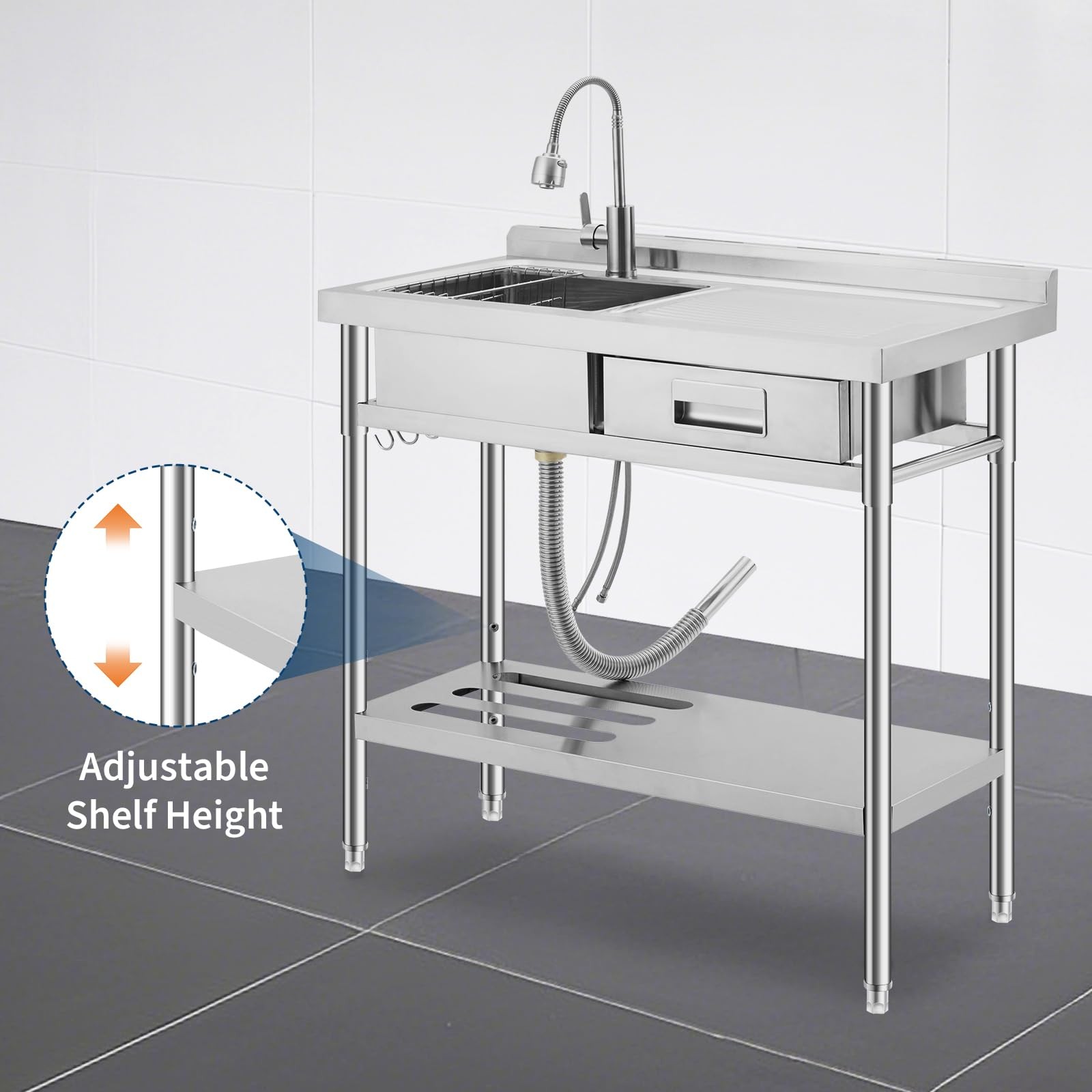 39″ Stainless Steel Utility Sink, Freestanding Single Bowl Kitchen Sink & Faucet