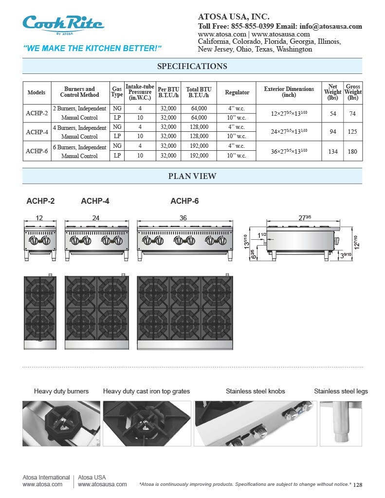 Atosa ACHP-2-LP 2 BURNER HOT PLATE PROPANE WITH 5 YEARS PARTS & LABOR