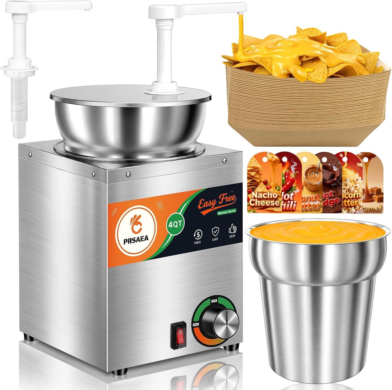 Original 4QT Nacho Cheese Dispenser Warmer, Food-Grade Stainless Steel Cheese Wa