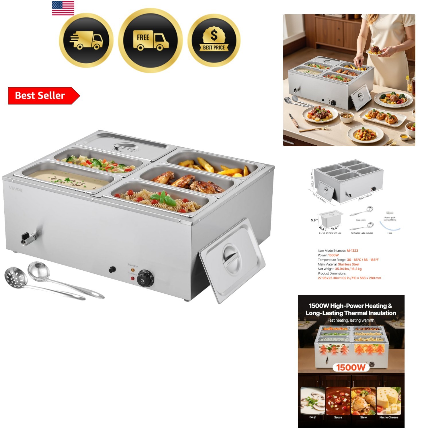Commercial Food Warmer, 1500W Electric Stainless Steel Steam Food Warmer with…