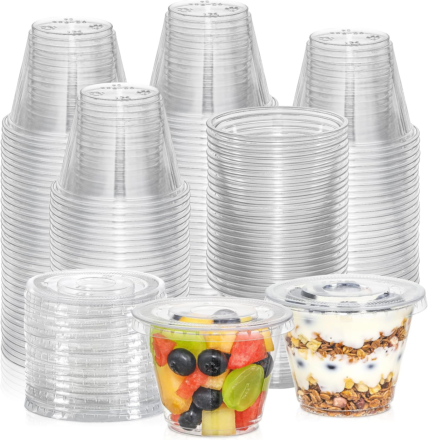 [50 Sets, 9 Oz] Clear Plastic Cups with Flat Lids No Hole, Disposable Cups with