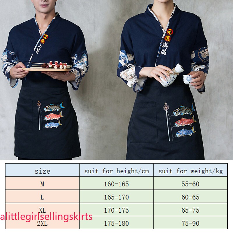 M-2XL Sushi Chef Kimono Style Coat Uniform Waiter Overalls Japanese Work Jacket
