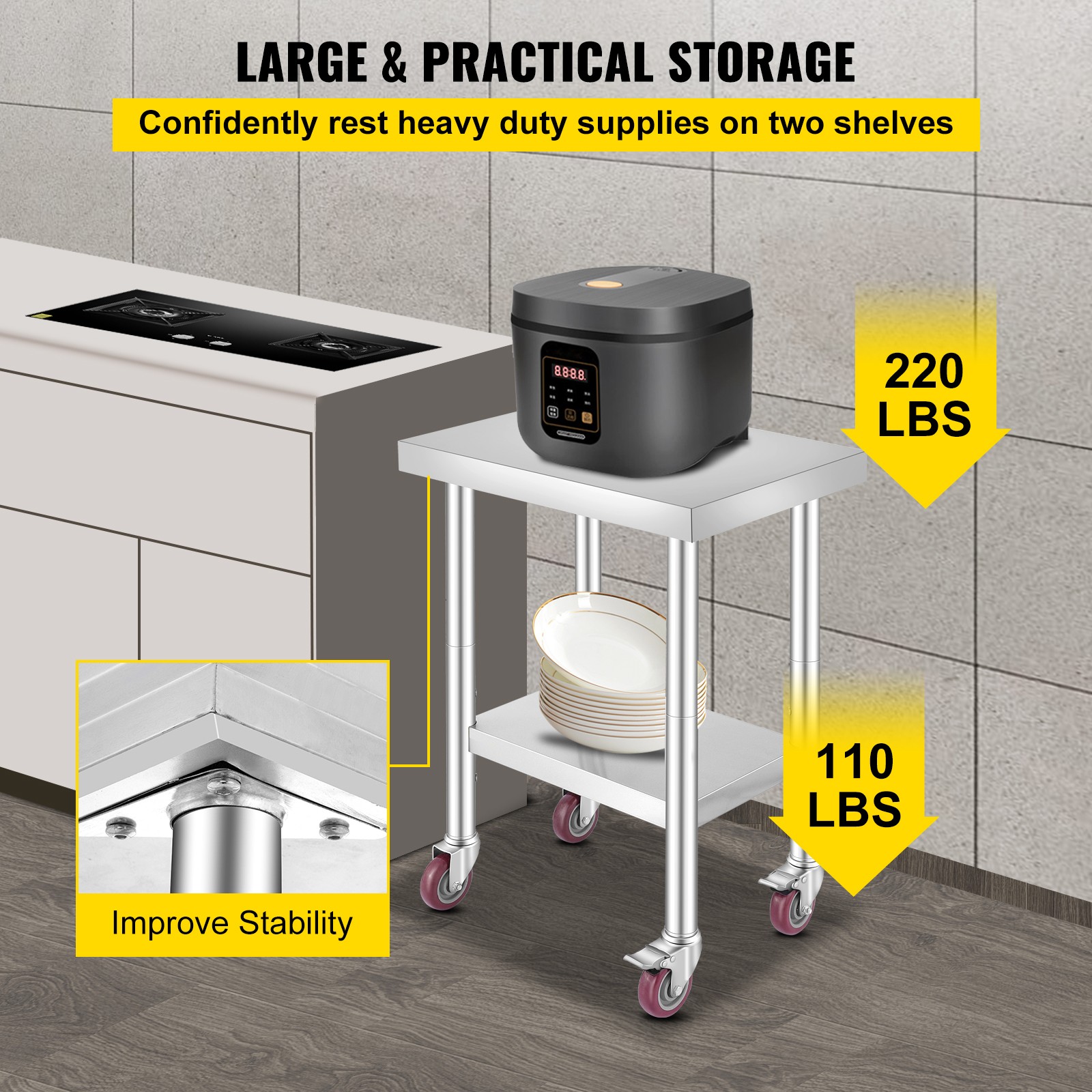 Rolling Stainless Steel Top Kitchen Work Table Cart + Casters Shelving 18″x24″