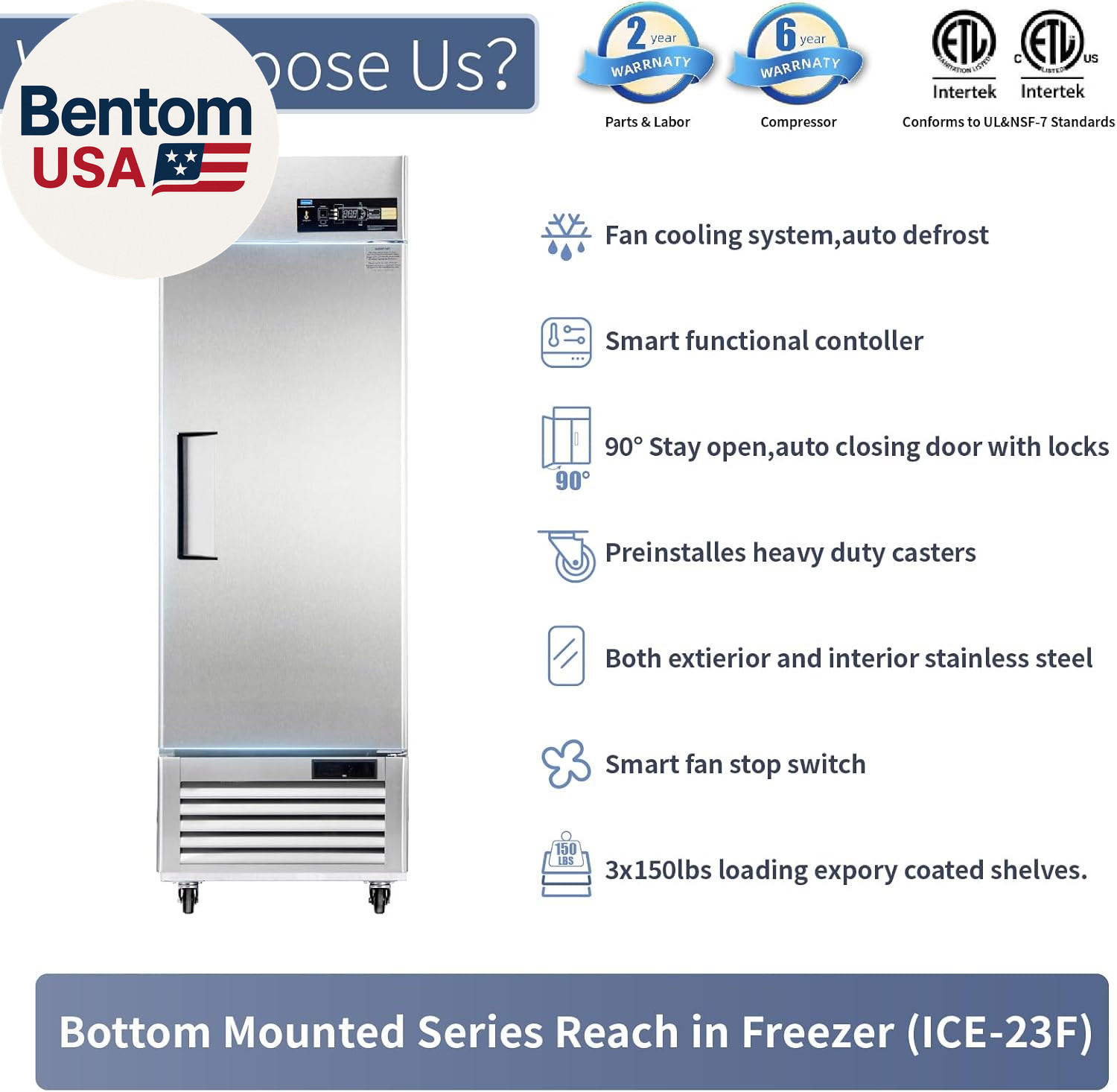 27″W Commercial Freezer Reach-In 23 Cu.Ft Single Solid Door Stainless Steel Comm