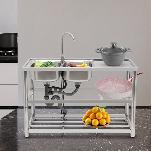 Free Standing Commercial Kitchen Sink Stainless Steel Dual Bowl For Restaurant