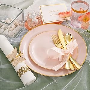 210Pcs Plastic Pink Plates with Gold Plastic Silverware Set Include 30Pink
