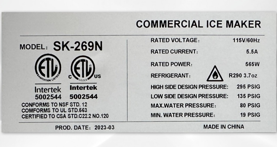 NSF Commercial Cube Ice Maker 260 LBS/ Day, Free Standing Ice Machine