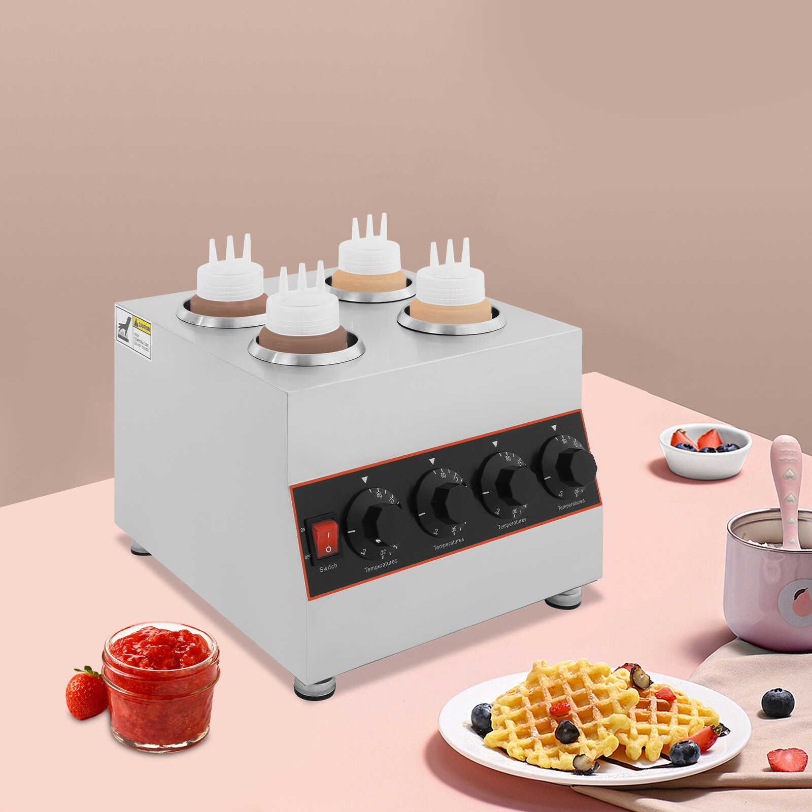 Stainless Steel Electric Sauce Warmer with 4 Pots & Adjustable Temperature