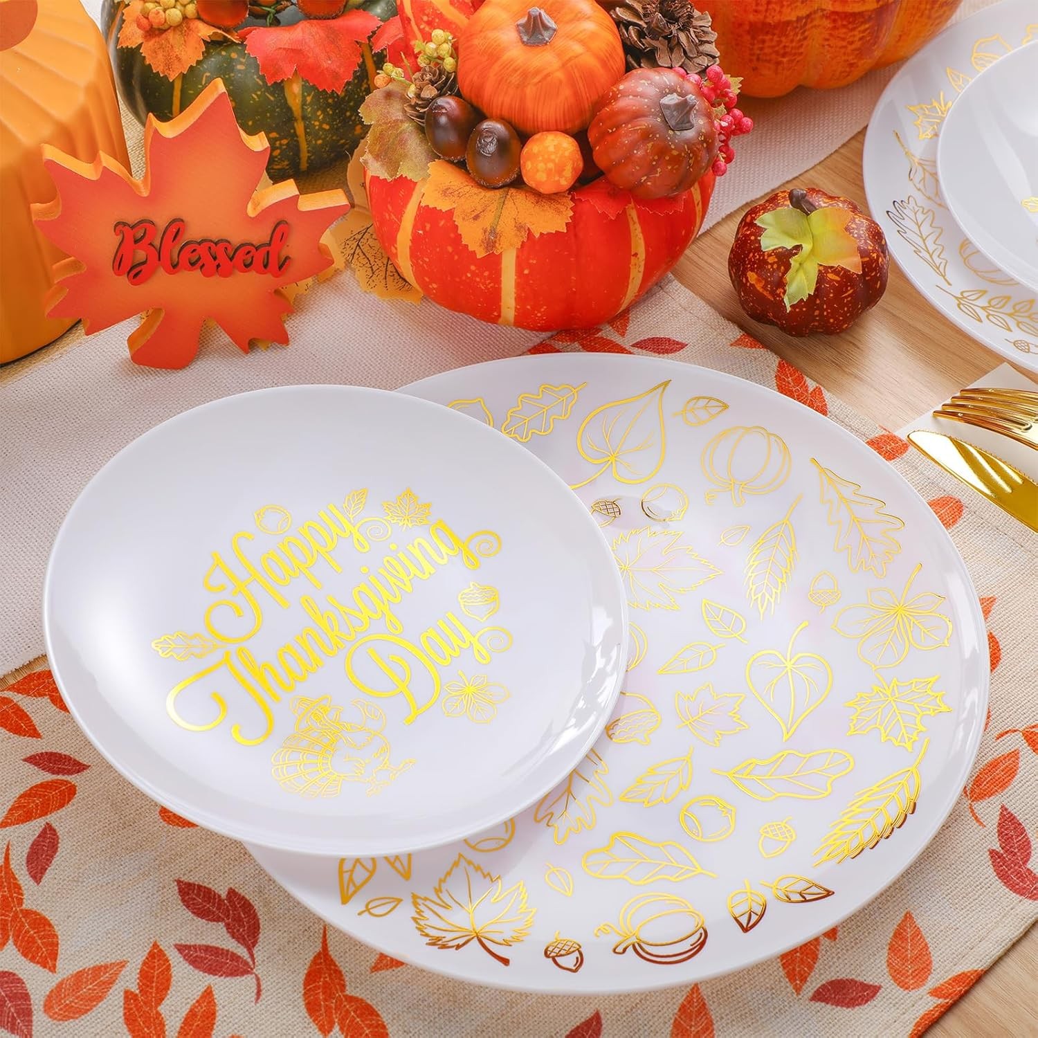 210 Pcs Thanksgiving Plastic Dinnerware Set, Disposable Plates Includes 30