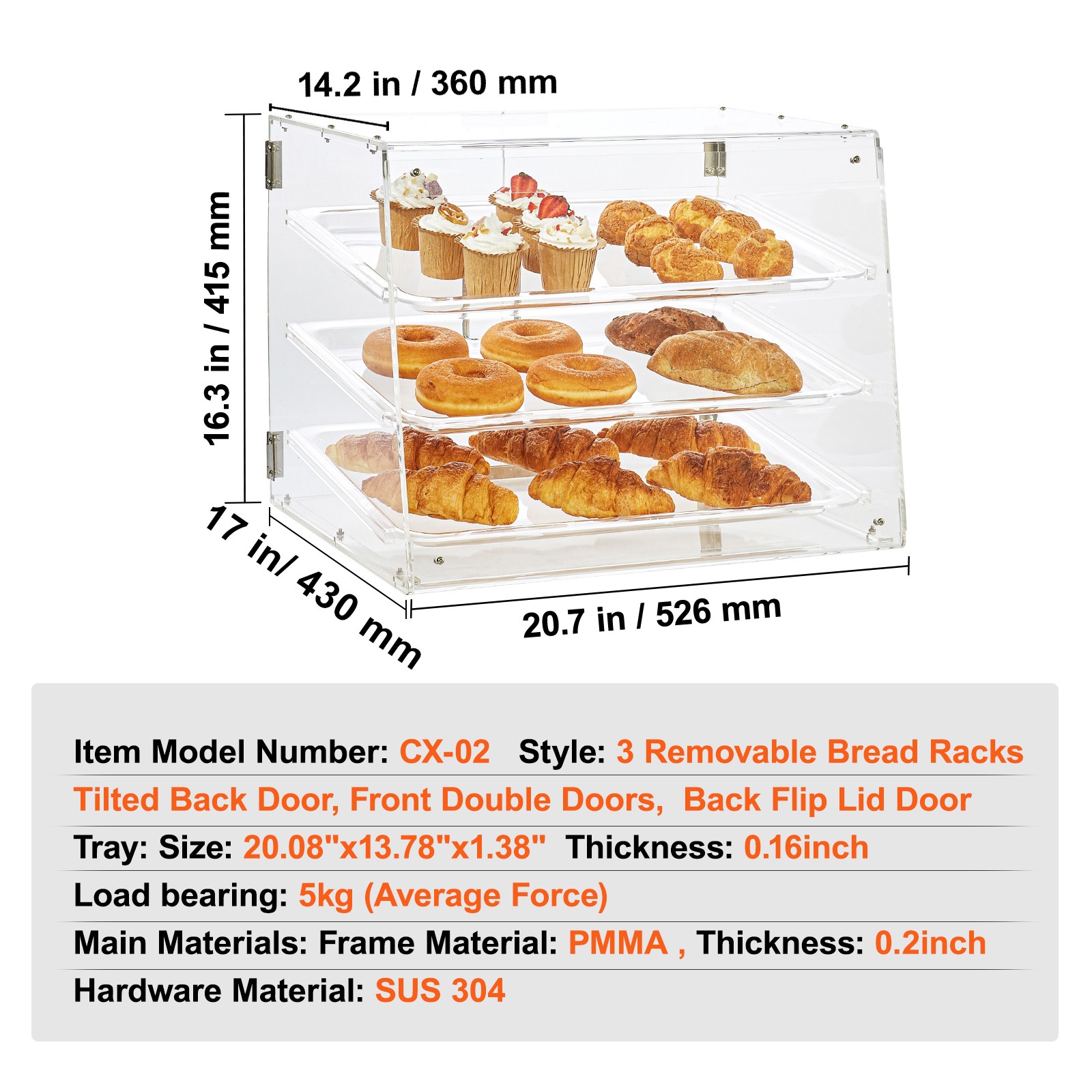 VEVOR 3-Tier Acrylic Bakery Display Case Countertop Donut Pastry Case Rear Door