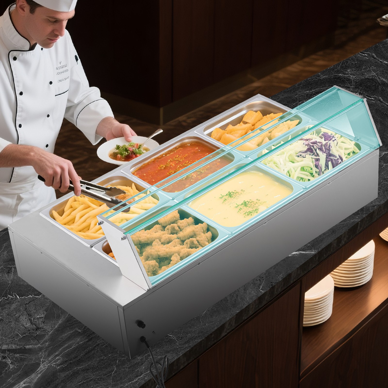 VEVOR Commercial Food Warmer 6x 1/2 Size Pans Buffet Bain Marie with Glass Cover