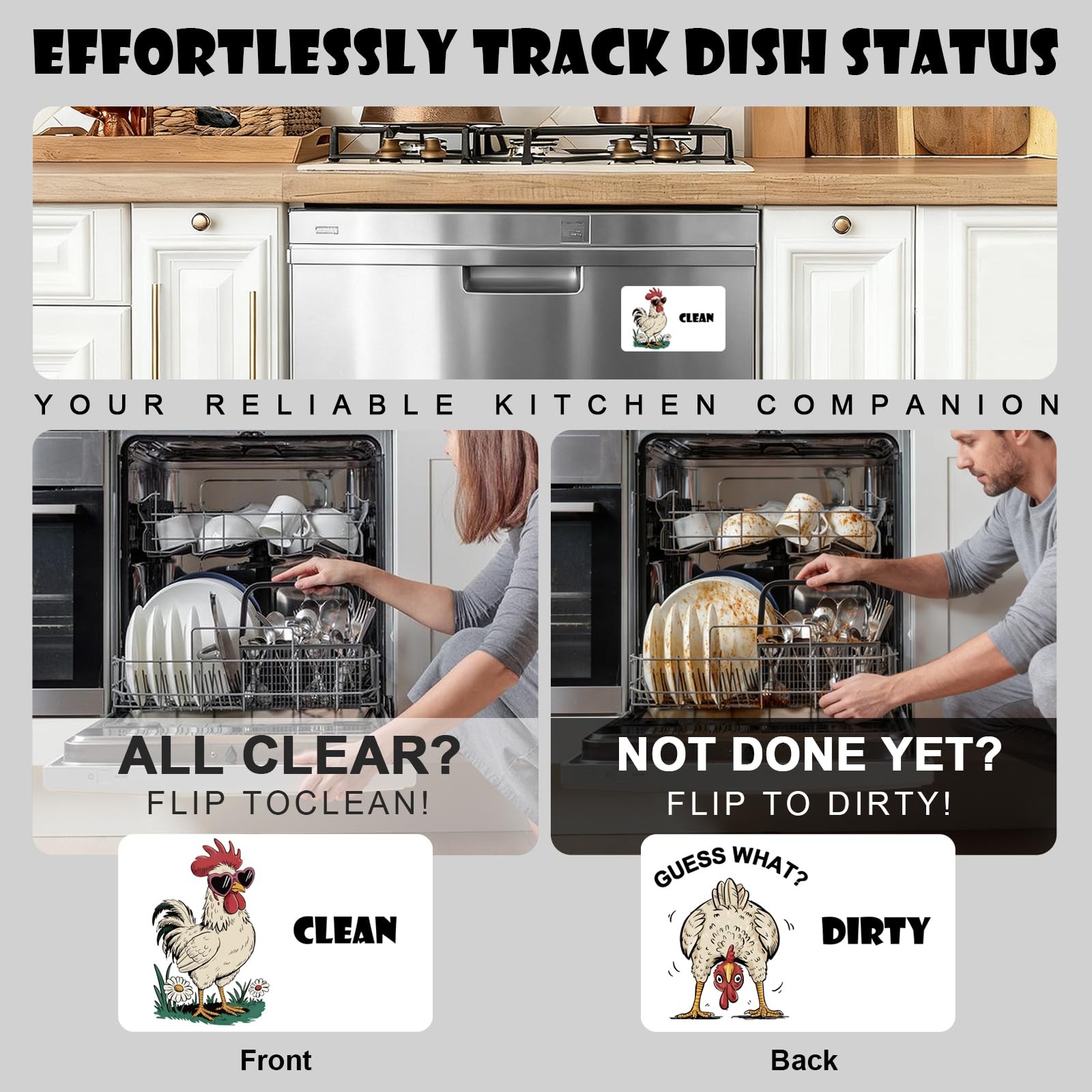 Farmhouse Rooster Cartoon Clean Dirty Dishwasher Magnet, Washing Machine Magnet