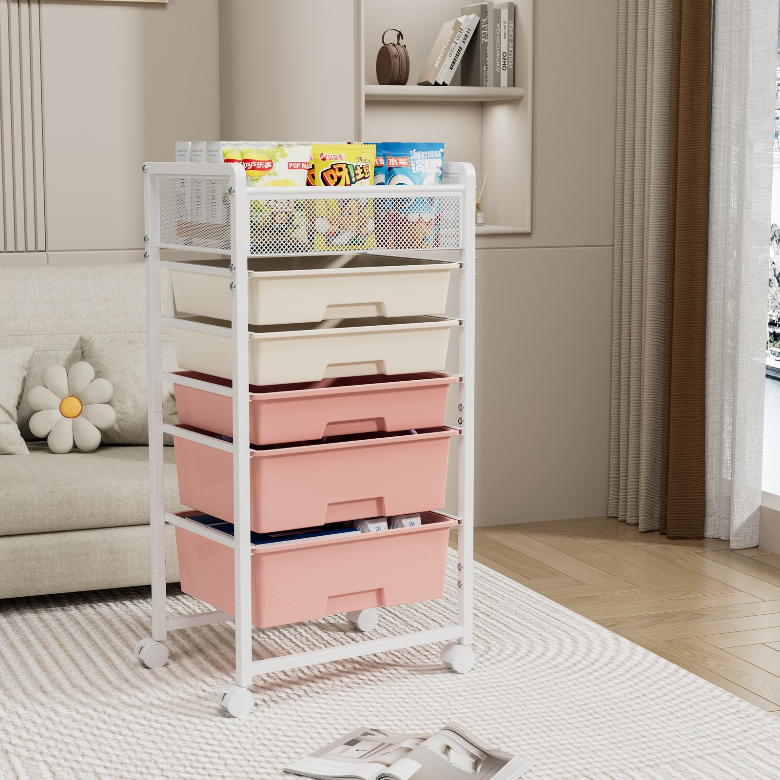 2 Pack 5-Tier Rotating Utility Cart Mobile Metal Storage Organizer Trolley White