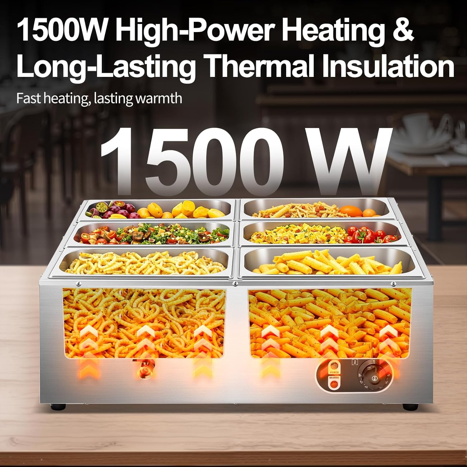 6-Pan 48Qt Commercial Food Warmer Countertop Buffet Bain Marie Steam Table 1500W