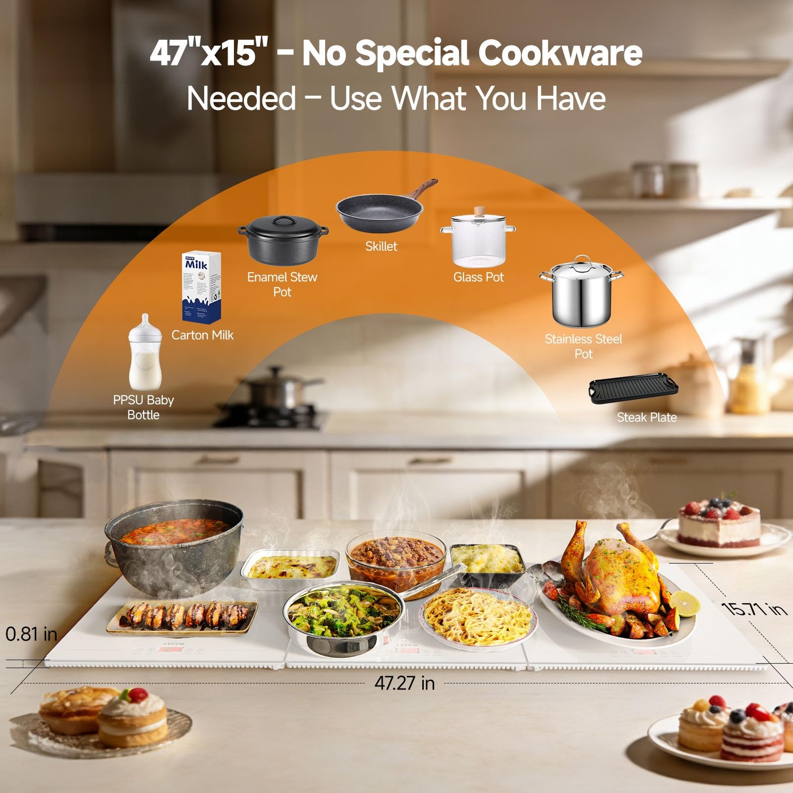 Warming Trays for Buffets Party, Extra-Long 47″x15″ 3-in-1 Modular Food Warme…