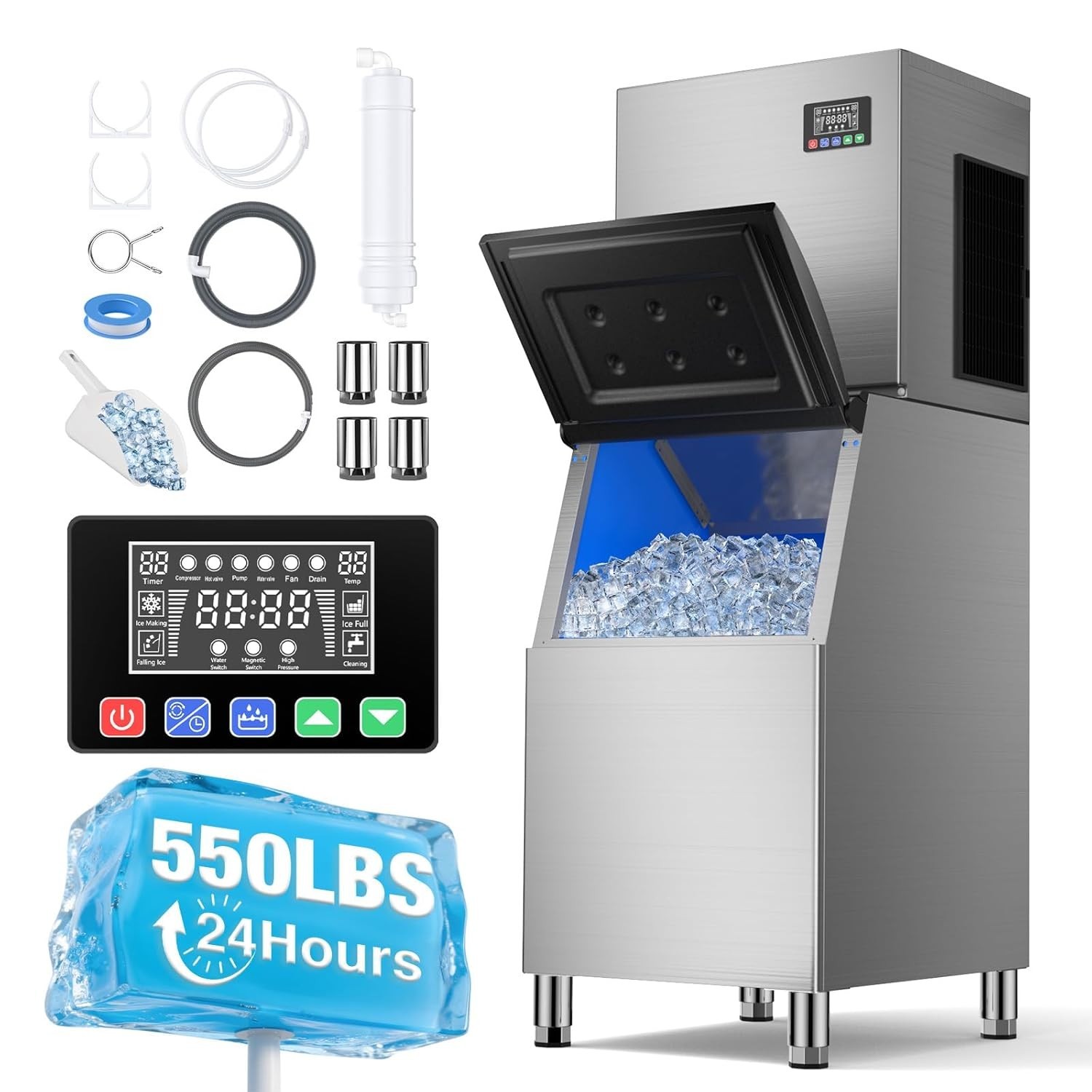 550LBS/24H Air Cooling Commercial Ice Maker Machine with 400lbs Storage Bin