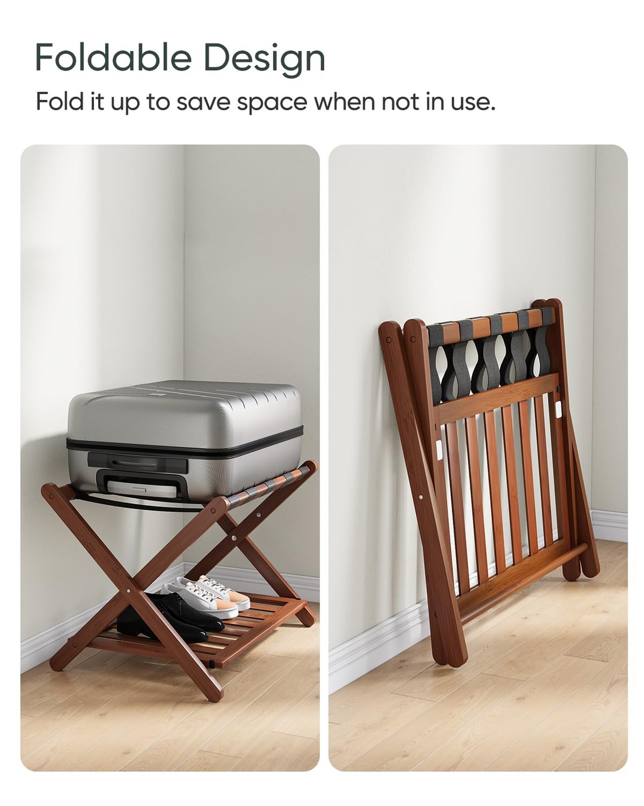 Smart FENDEE Fully Assembled Bamboo Luggage Rack, Walnut Folding Suitcase Sta…