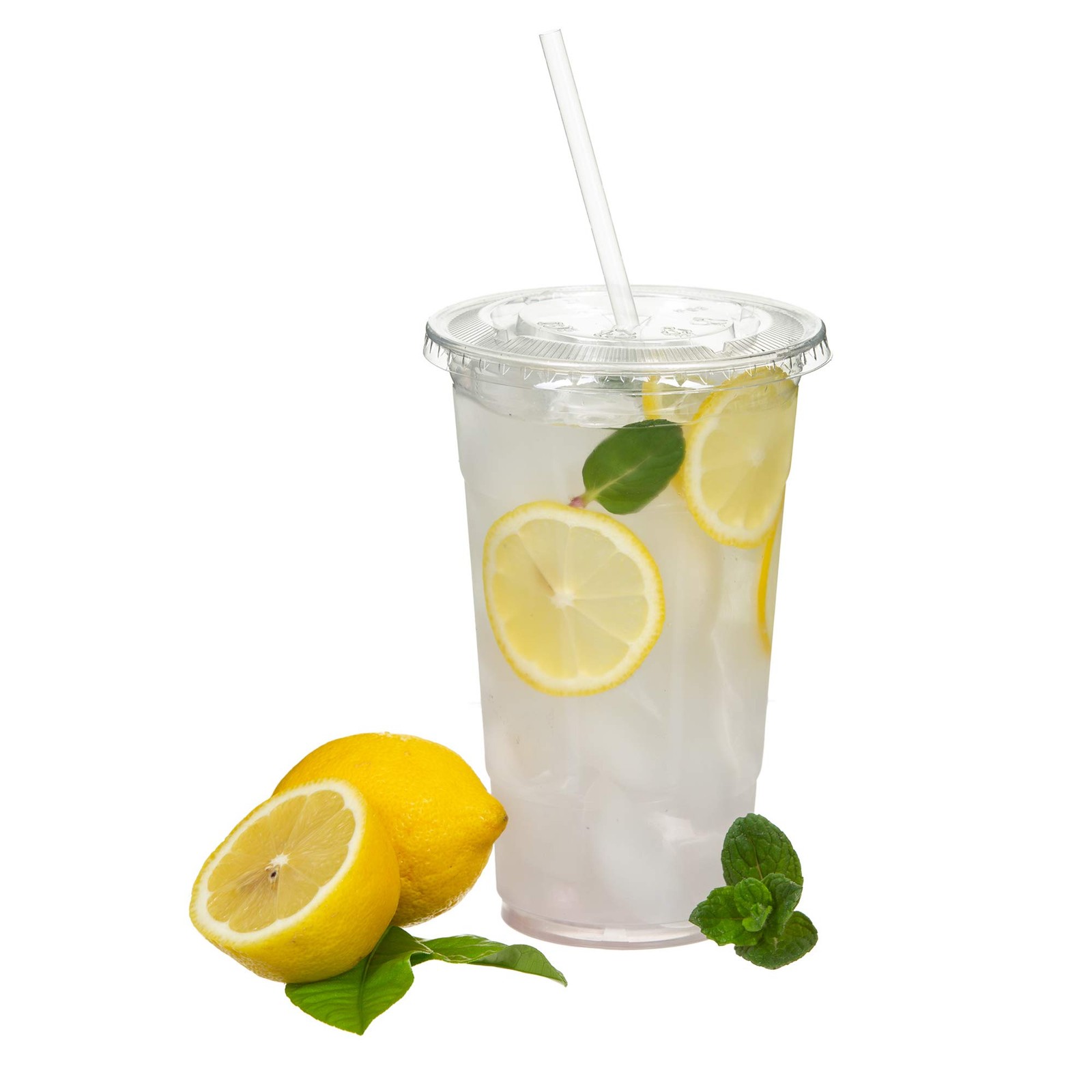 100 Sets (24oz) Disposable Crystal Clear Plastic Cups with Flat Lids and Straws