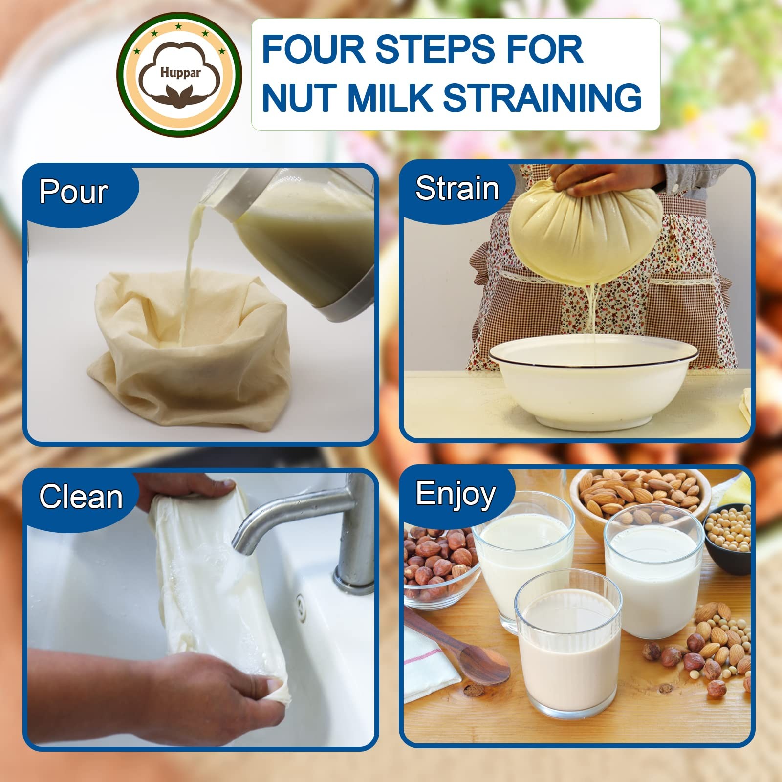 Huppar 3 Pack 16X16 Nut Milk Bag For Straining 100 Unbleached Cotton Cloth
