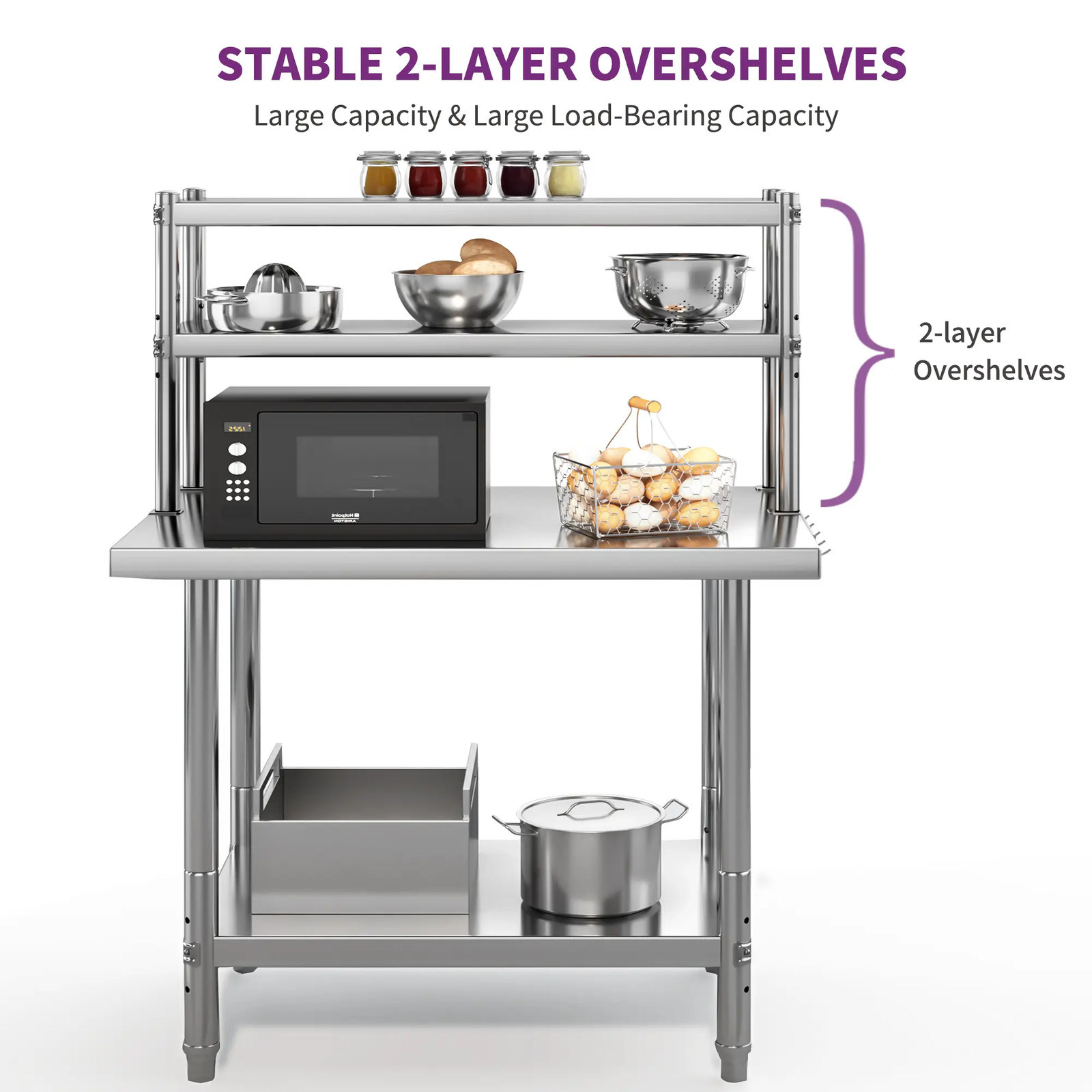 30″/36″/48″ Stainless Steel Table Work Table Metal Table Prep Table w/Overshelf