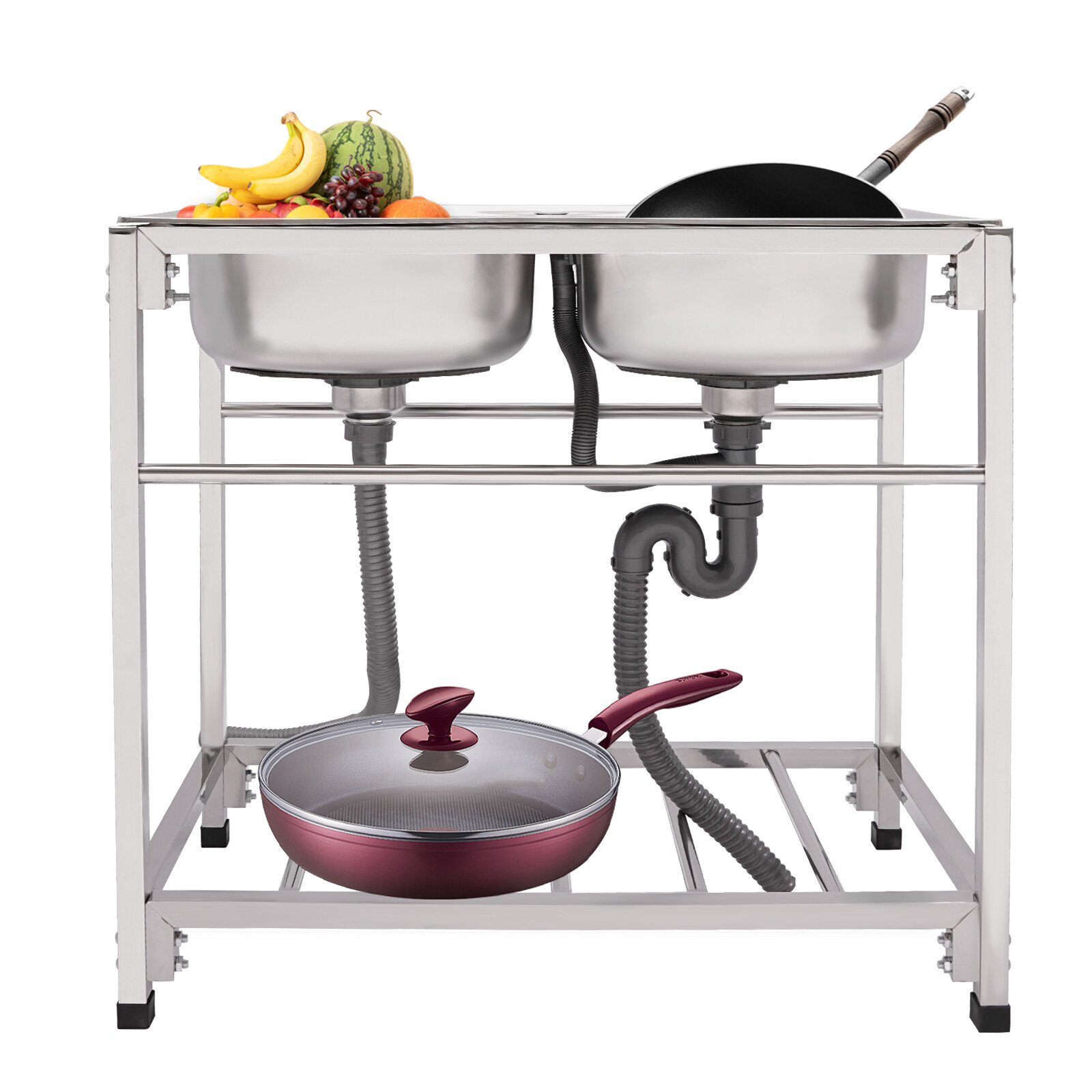 Commercial Stainless Steel Kitchen Sink Free-standing Utility Double-Bowls Sink
