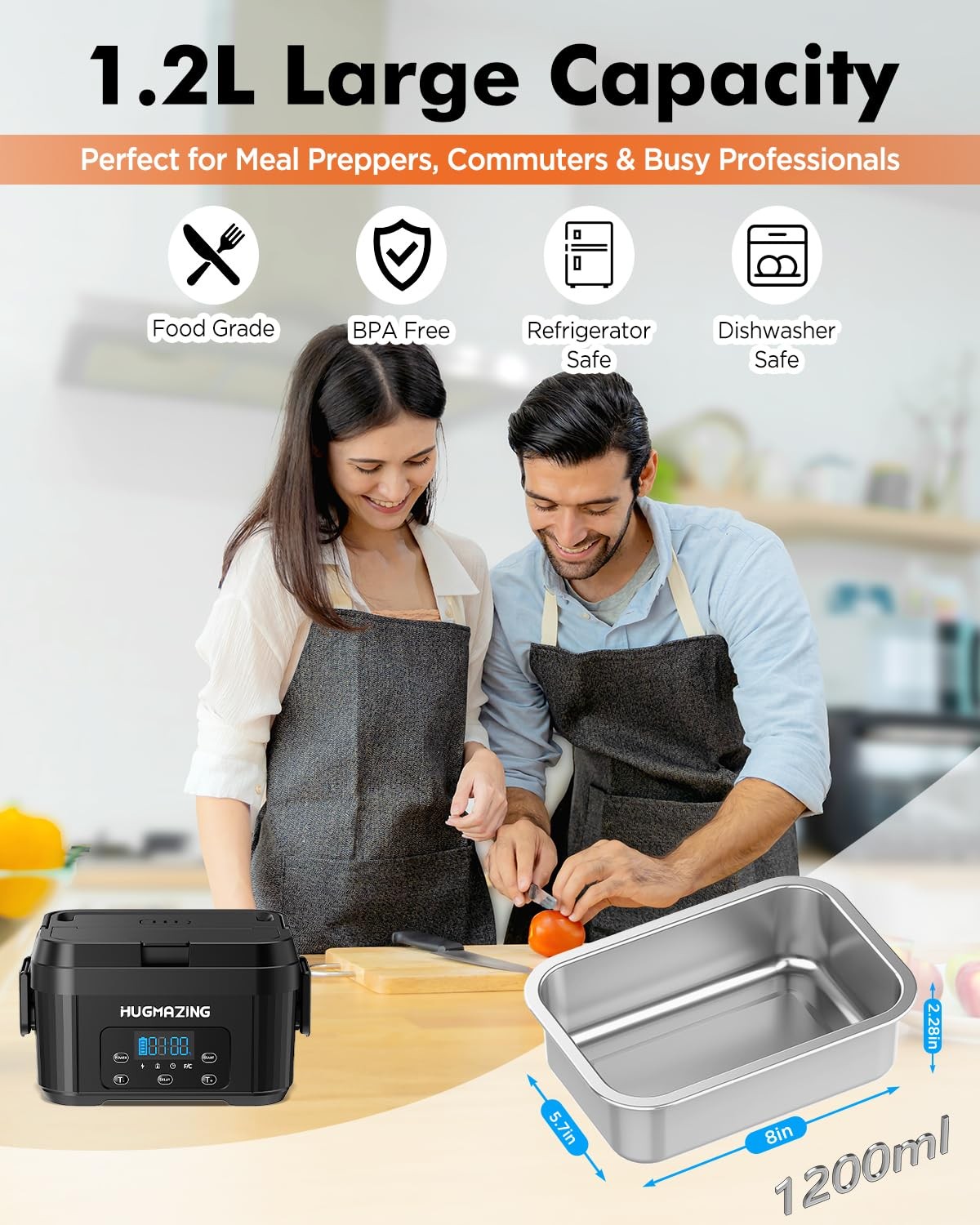 Hugmazing Cordless Electric Lunch Box for Adults, Men & Women – Large, Black