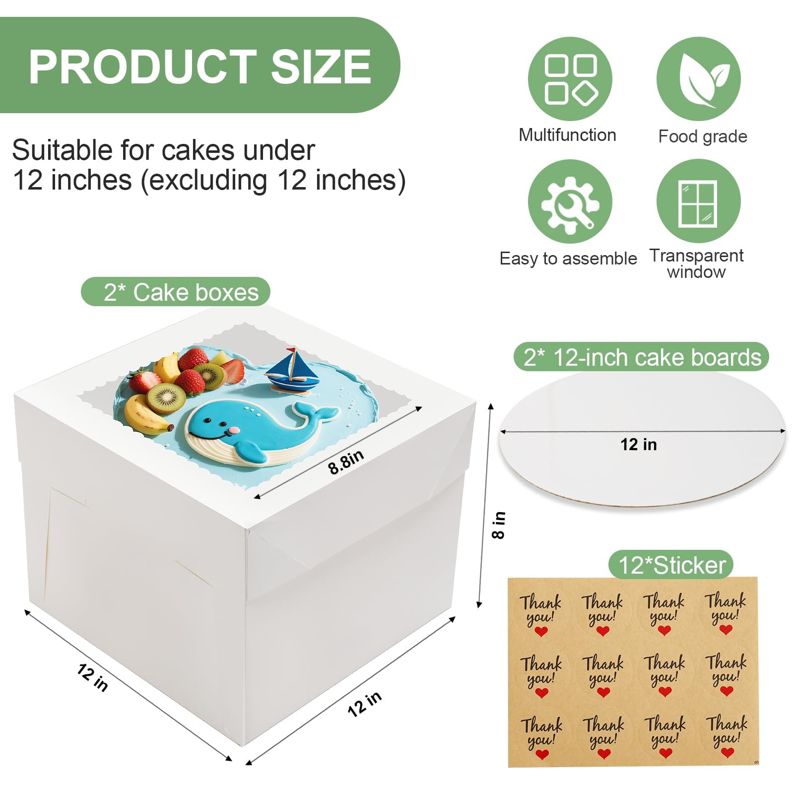 LNDIEHS 2 Pack Cake Boxes, 12x12x8 Inches Tall Box inches, White