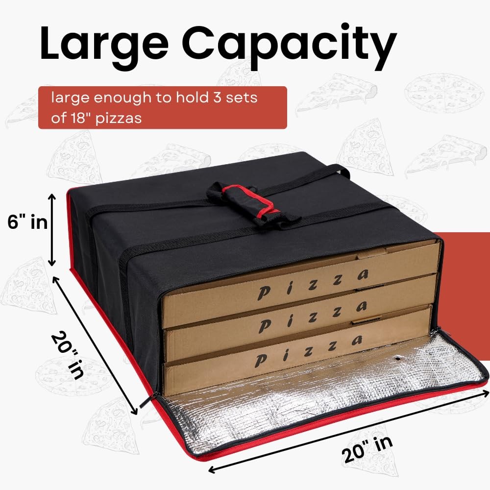 TOGETRUE Pizza Delivery Bag – Insulated 20W x 20D x 6H, Black-red Edge