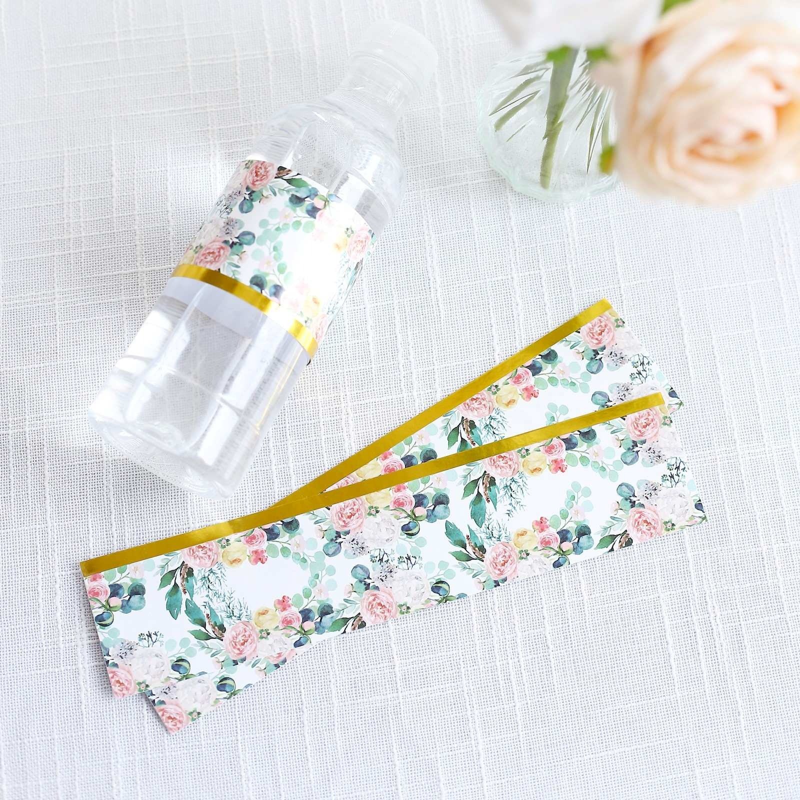 24 White Pink Peony Floral Stickers Water Bottle Labels Gold Trim Party Events