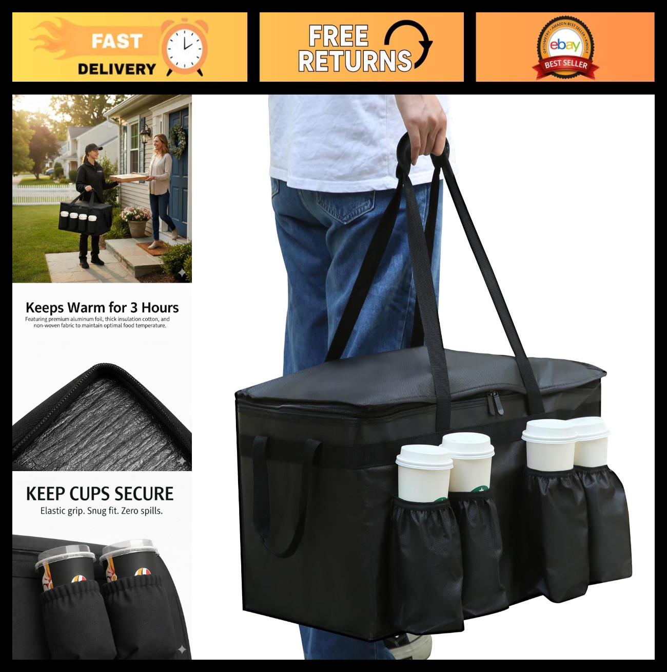 Insulated Catering Delivery Bag 22x14x13 for Food & Beverages, Cup Holders, XXL