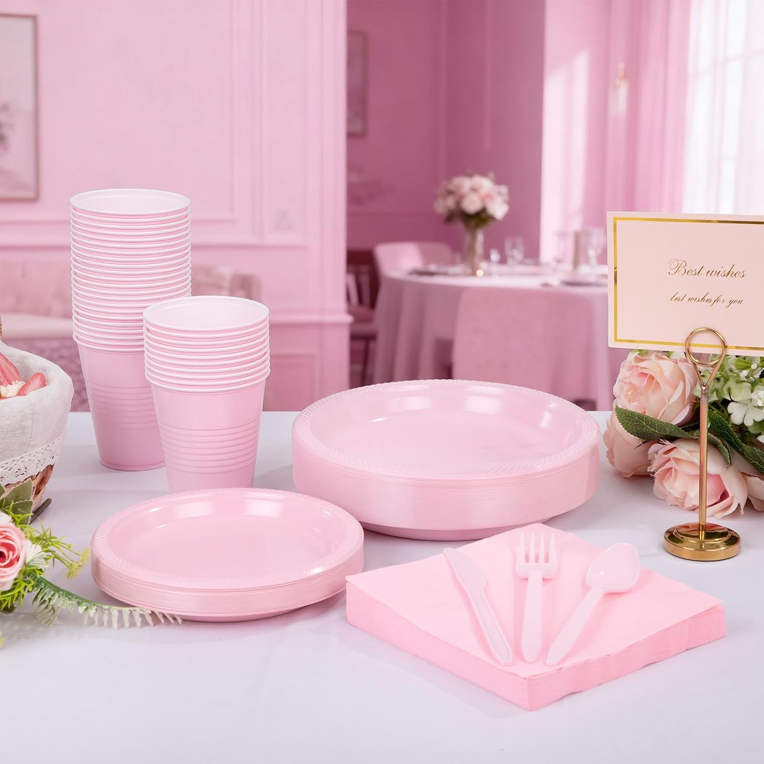 210 PCS Pink Plastic Plates for 30 Guests – Disposable Dinnerware Set Including