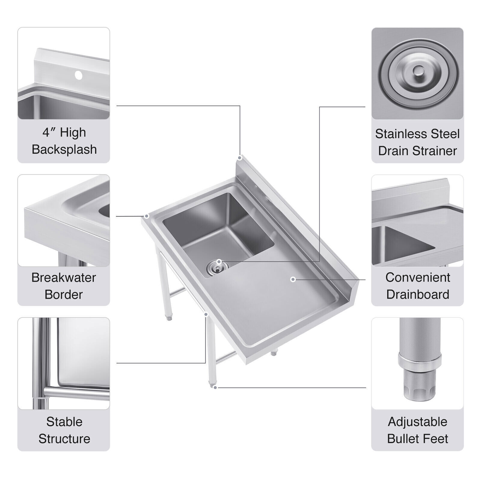 Commercial Restaurant Kitchen Sink with Faucet Free Standing Single Bowl Sink