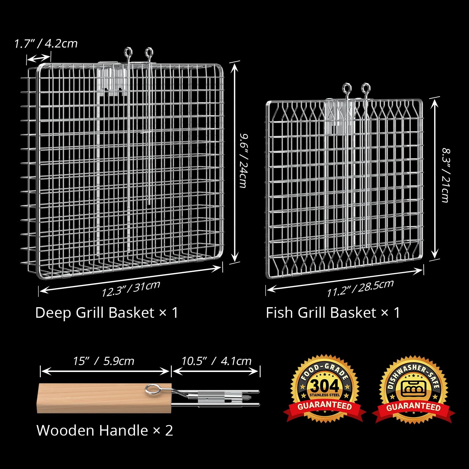 Ivtivfu Fish Grill Basket Set Removable Wooden Handle 304 Stainless Steel