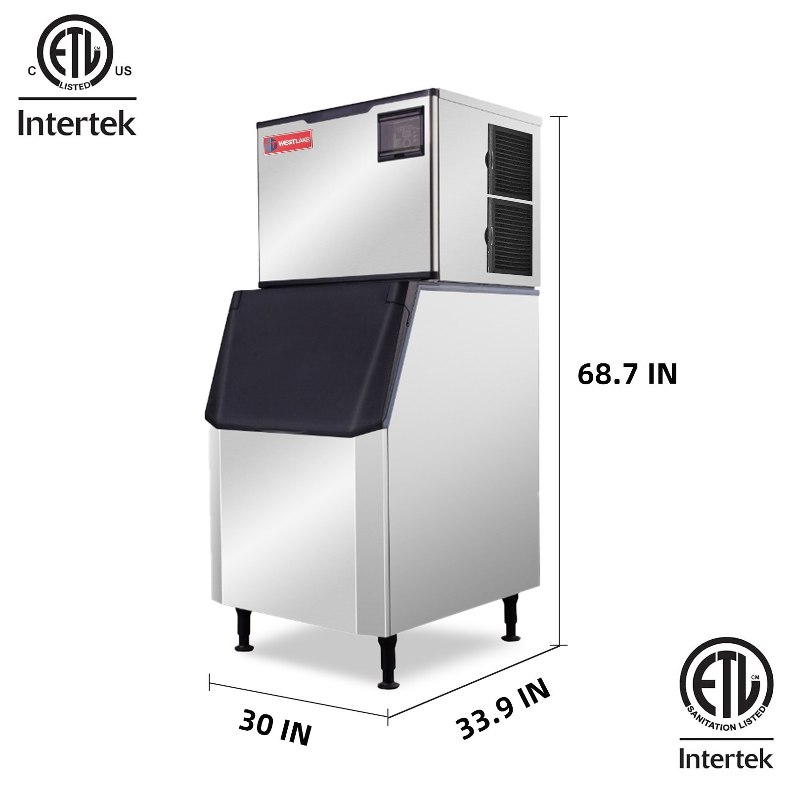 Commercial Ice Maker 700 lbs/day, WESTLAKE Full Cube Machine w/ 440 lbs Bin
