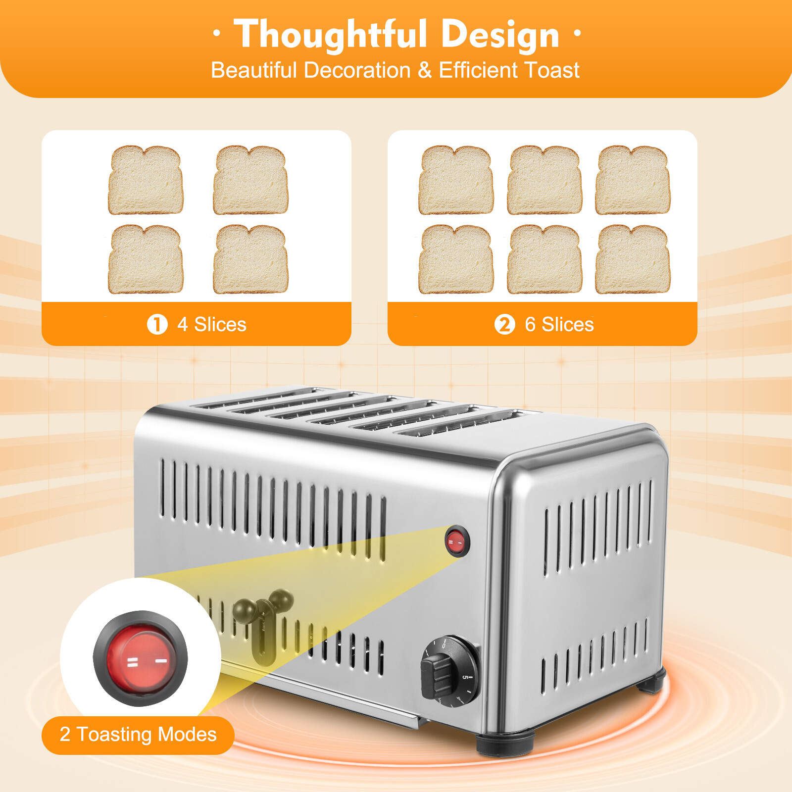 6 Slice Commercial Toaster Extra Wide Slots & Removable Drawer-Type Crumb Tray