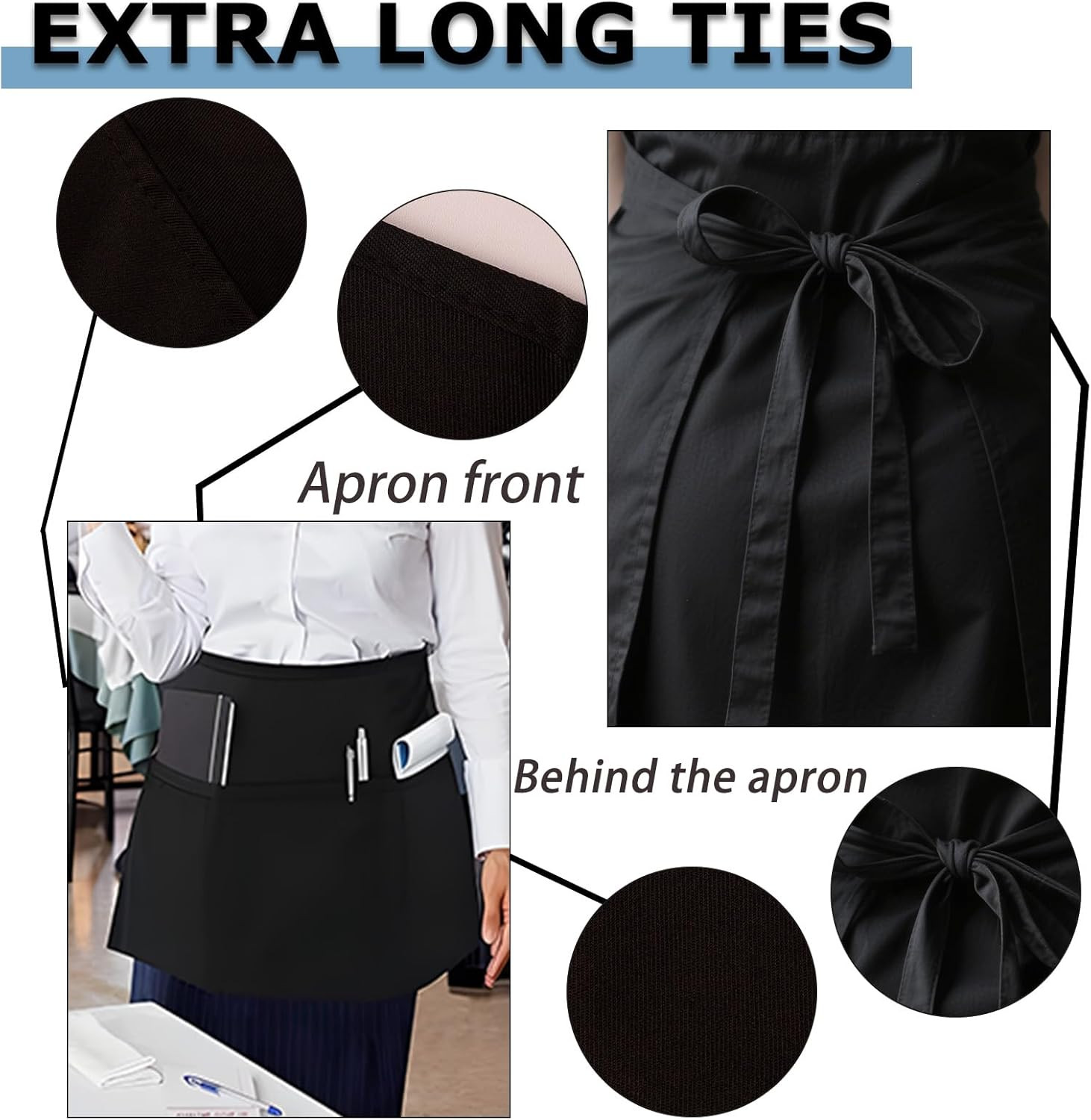 2 Pack Server Apron, Black Waitress Apron with 3 Pockets, Waiter Short Half Wais