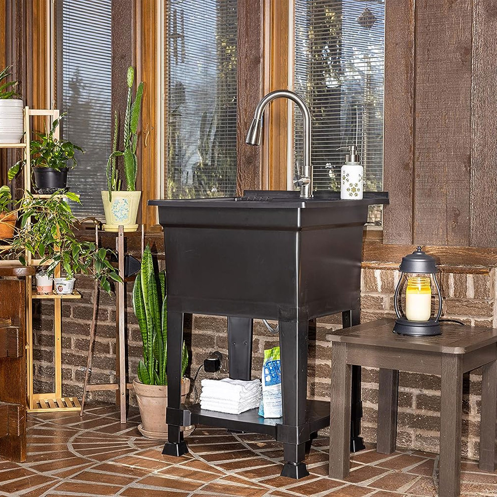 UTILITYSINKS Plastic 24″ Freestanding Compact Workshop Utility Tub Sink, Black