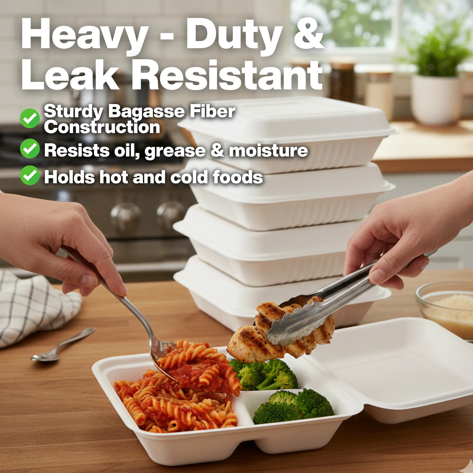 ProTakeOut, [9″ x 9″] 3-Compartment Bagasse | 200 Pack (100/2) Hinged Containers